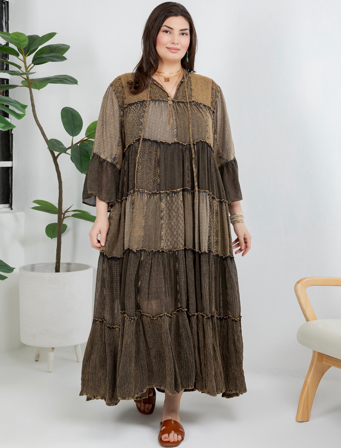 Young Threads Patchwork Dress in Amber