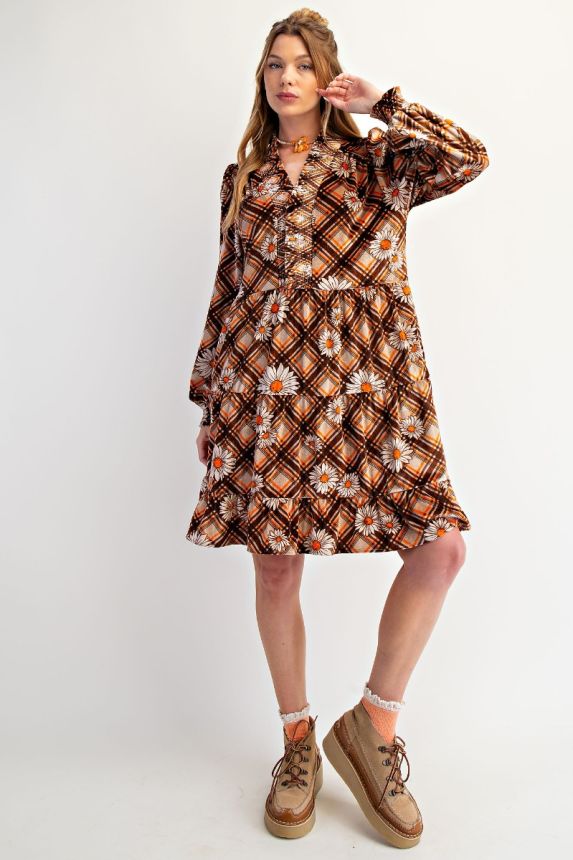Easel Velour Boho Babydoll Dress with Floral Print