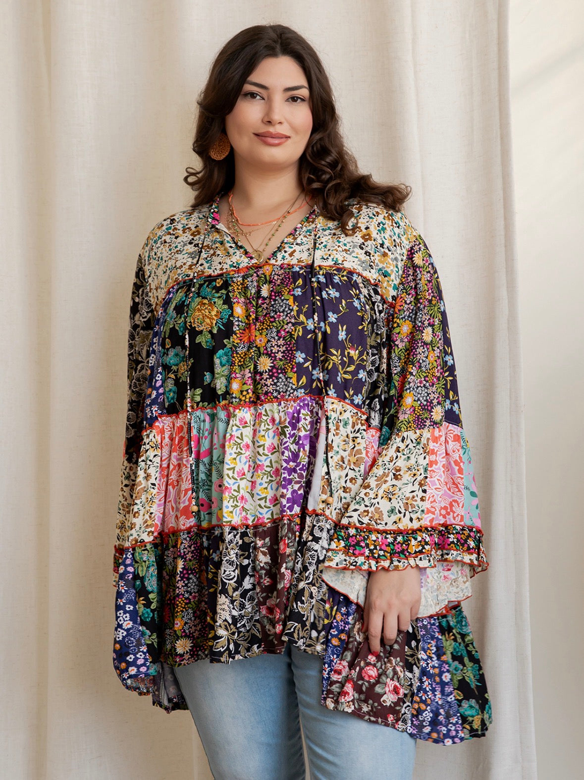 Young Threads Boho Patchwork Top with Bell Sleeves