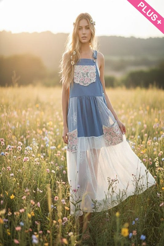 Davi & Dani Denim and Lace Boho Overall Dress