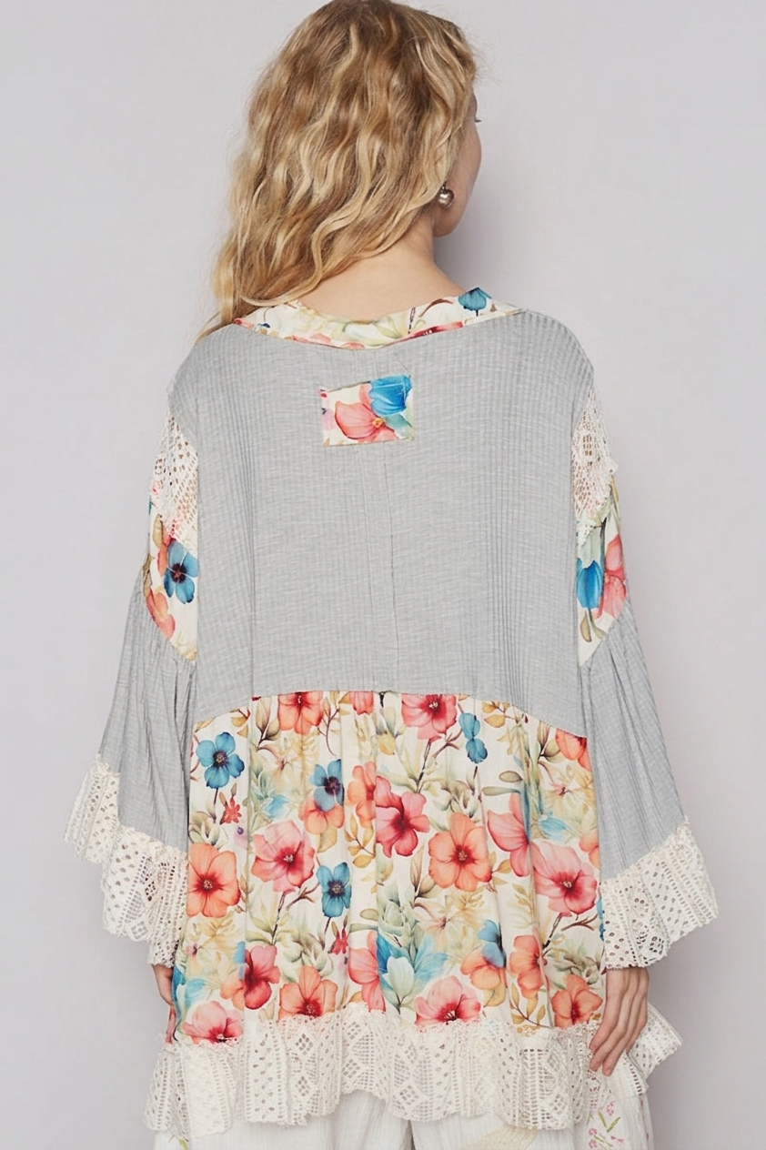 POL Floral and Lace Cardigan in Grey