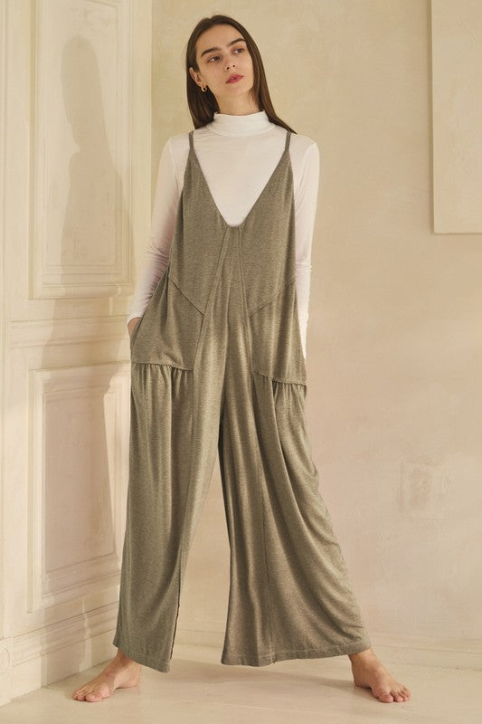 Oddi Wide Leg Knit Jumpsuit in Olive