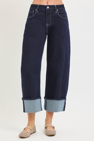 Risen Dark Wash Crop Barrel Jeans with Rolled Hem