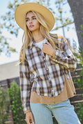 Oddi Plaid Flannel and Ribbed Tunic Top with Frayed Trim