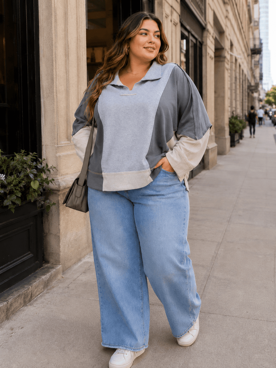 White Birch Color Block Pullover Tunic with Collar in Grey