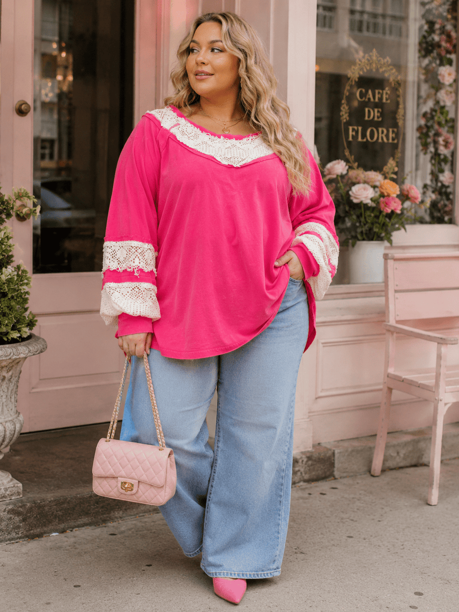 White Birch Pink Pullover with Crochet Details
