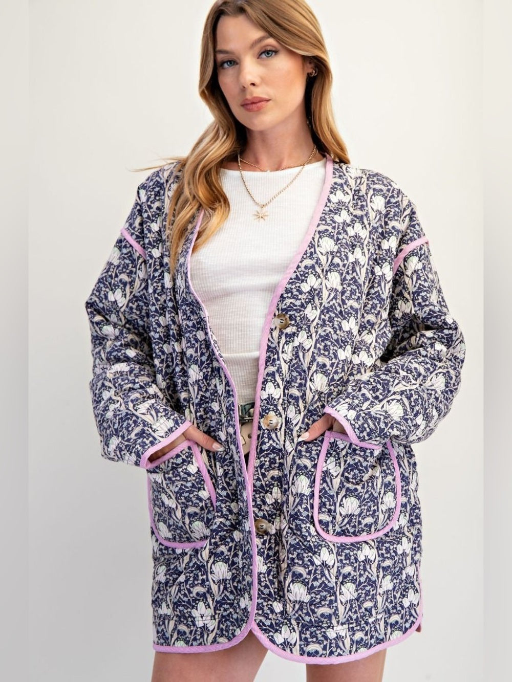 Easel Floral Quilted Cardigan/Jacket with Lilac Trim